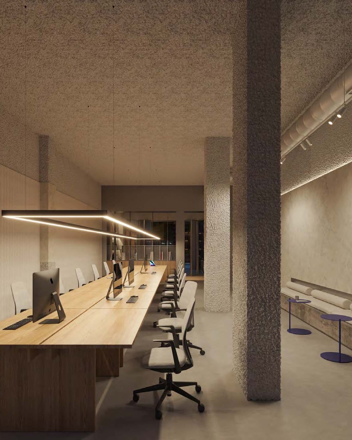 Visualización de la zona de coworking con una larga mesa de trabajo compartida