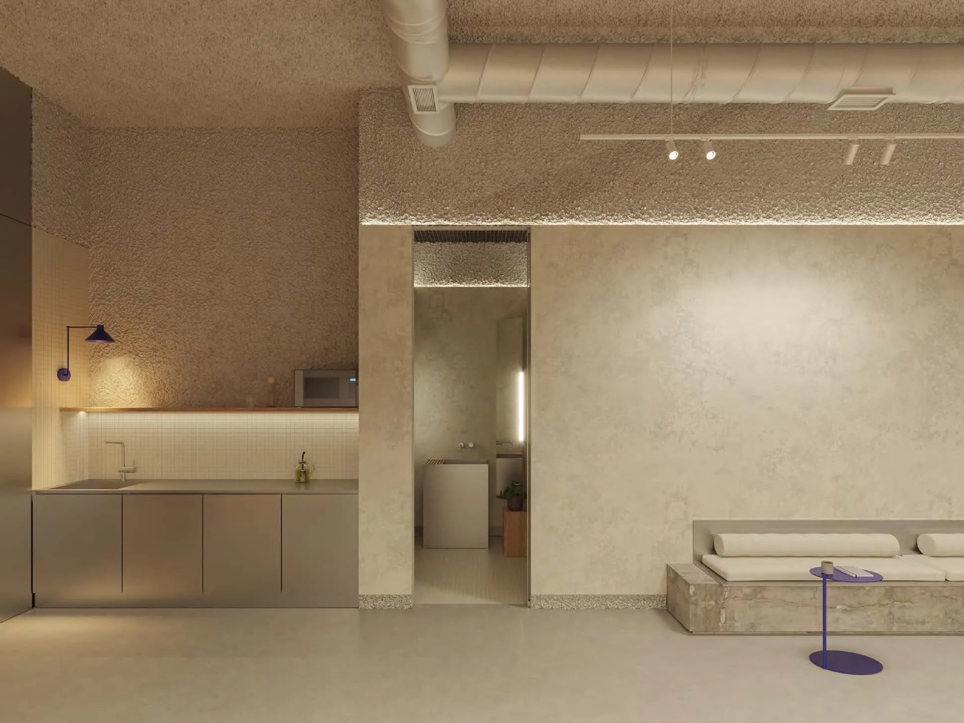 Visualización de la zona común con cocina y banco de descanso