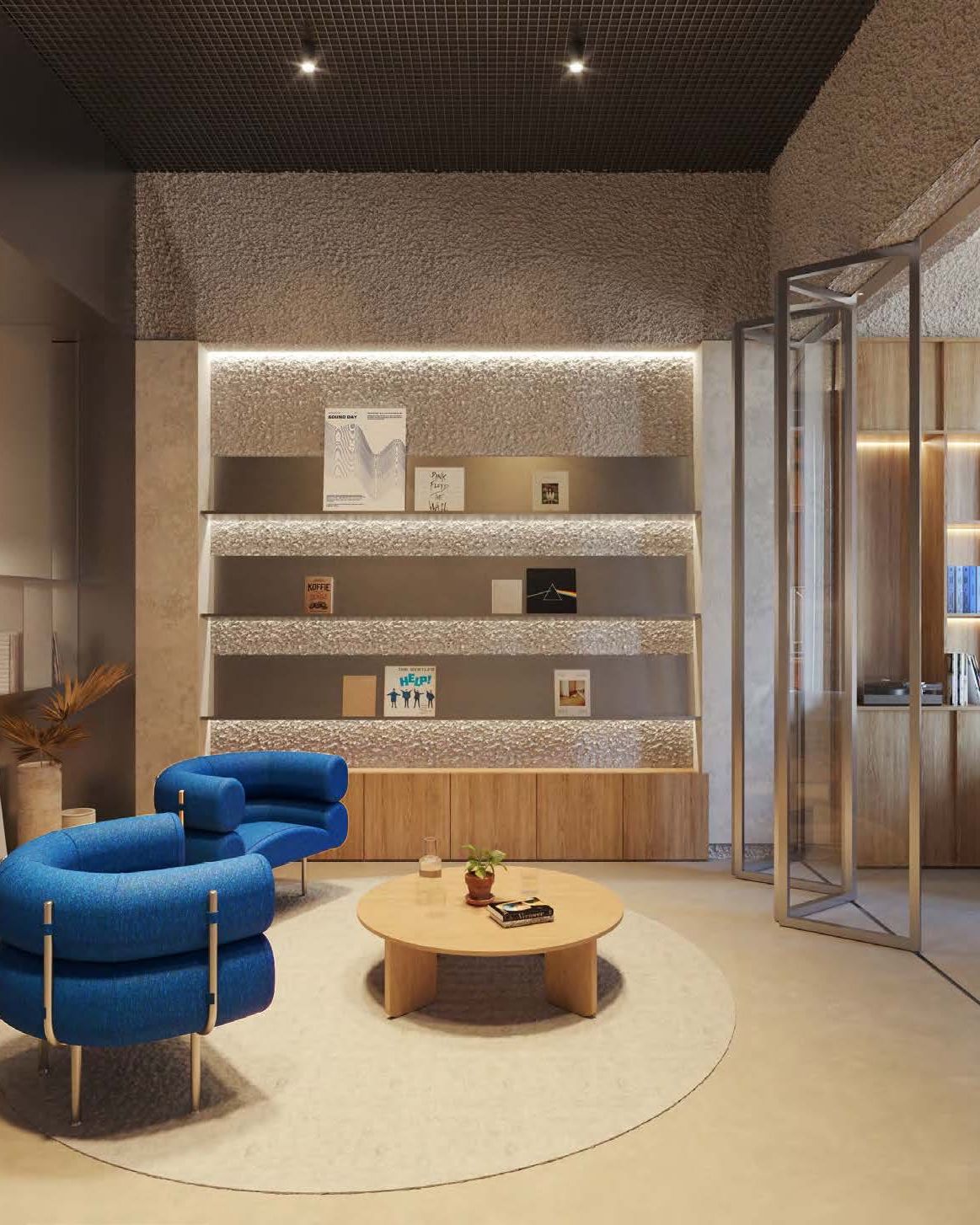 Visualización de la sala de estar con biblioteca y butacas