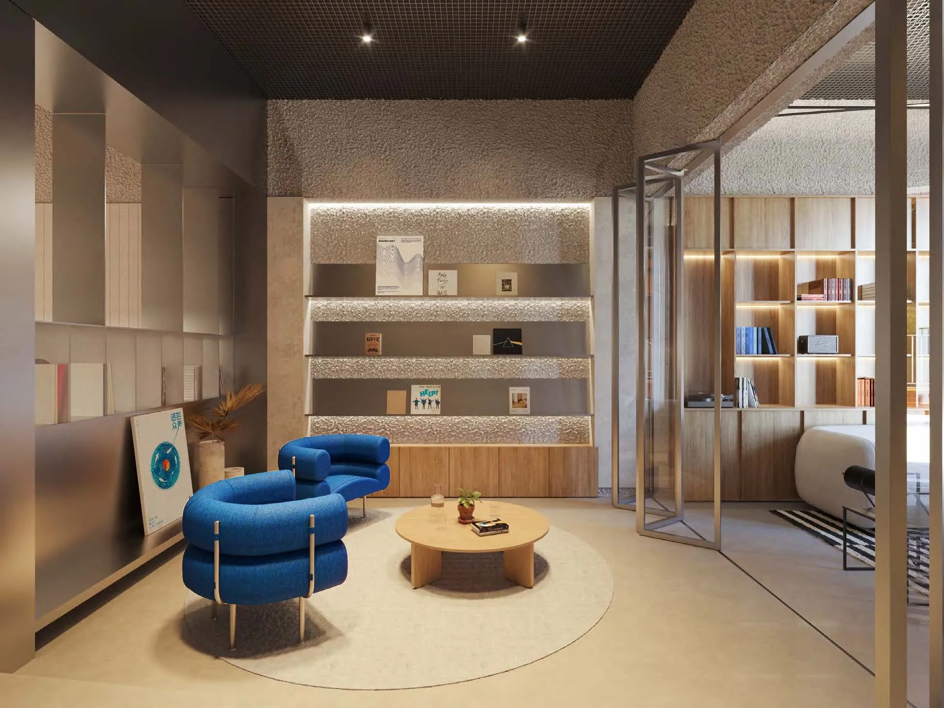 Visualización de la sala de estar con butacas azules, mesa baja y estanterías de madera