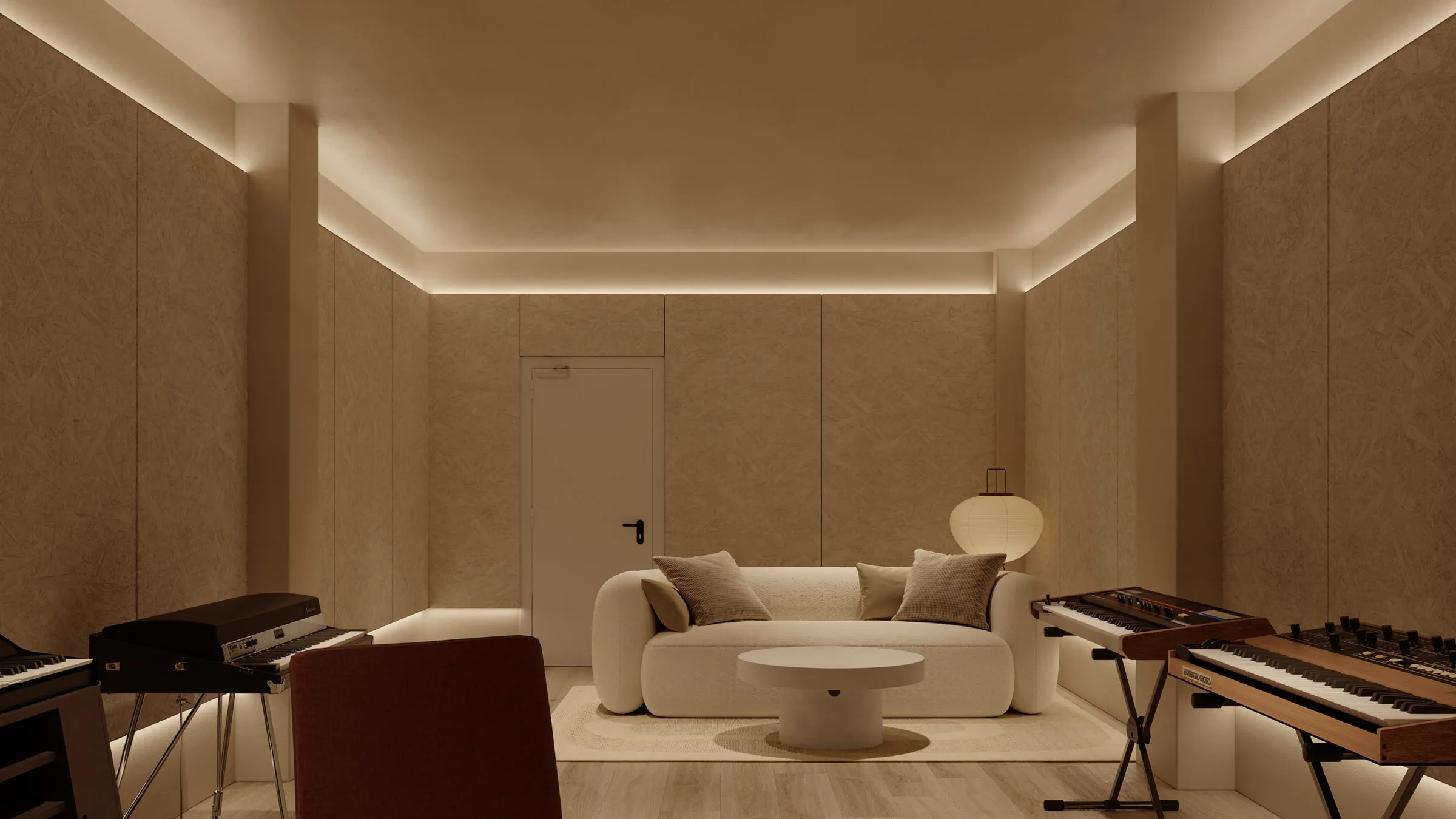 Visualisation of the recording lounge in the Music Production Suite, with keyboards