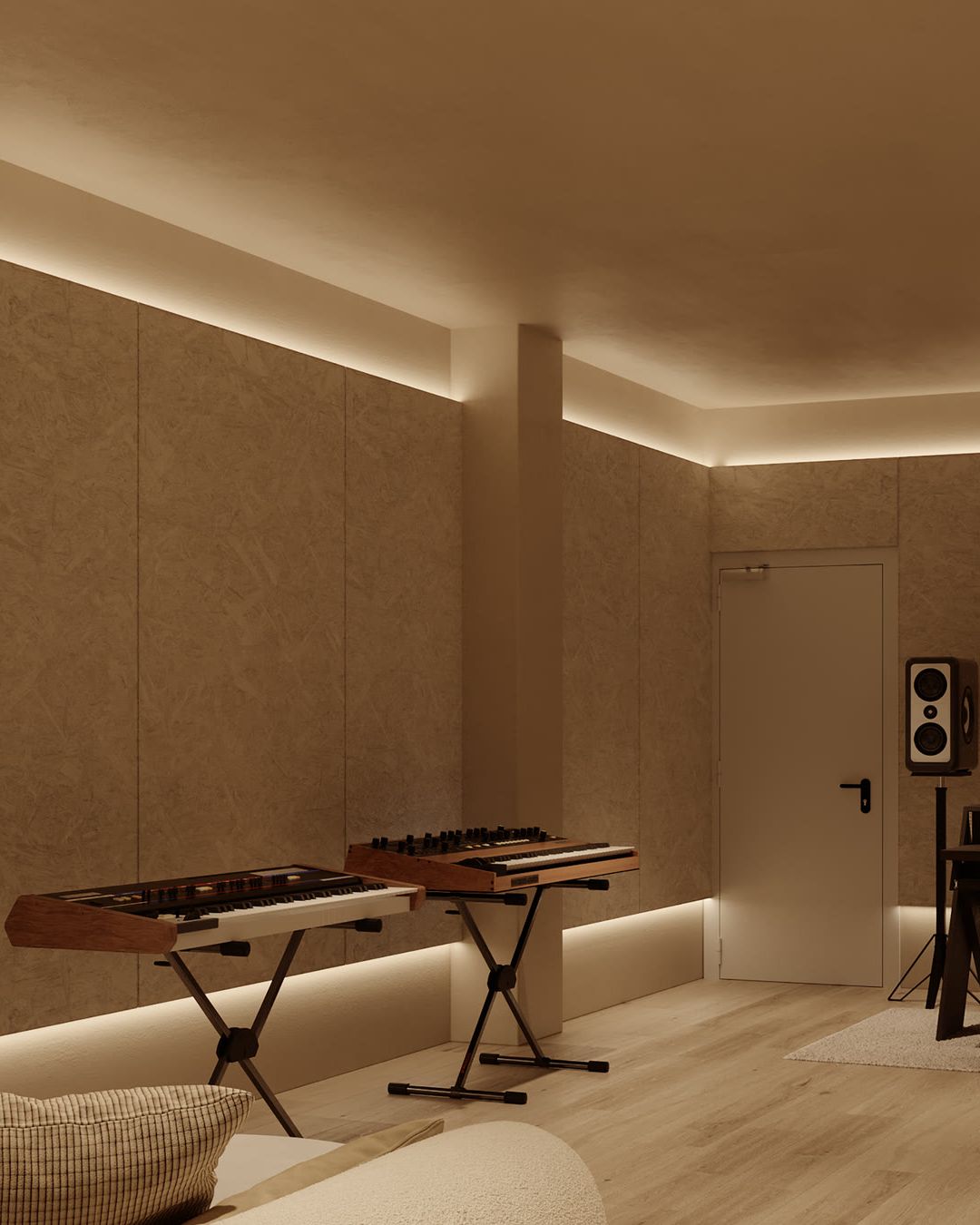 Visualización de la Music Production Suite con teclados, monitores y estación de trabajo