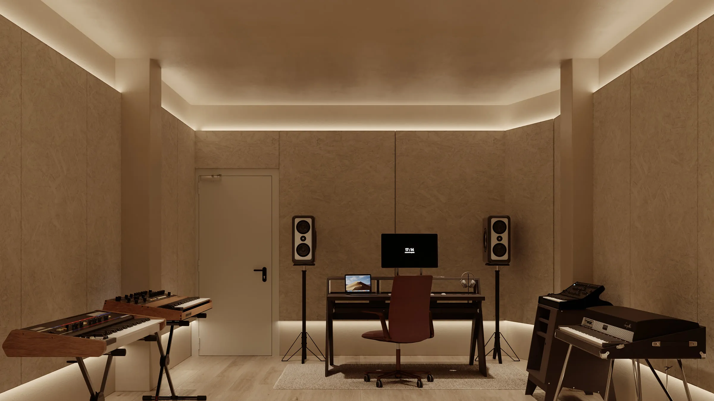 Visualización de la cabina de mezcla de la Music Production Suite, con monitores de estudio y teclados